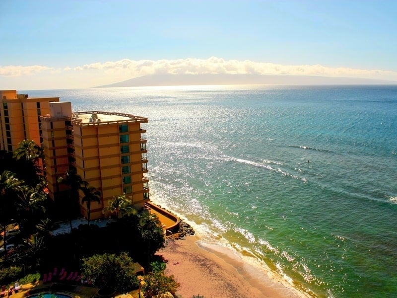 Waterfront condo buildings on Kaanapali beach, Maui