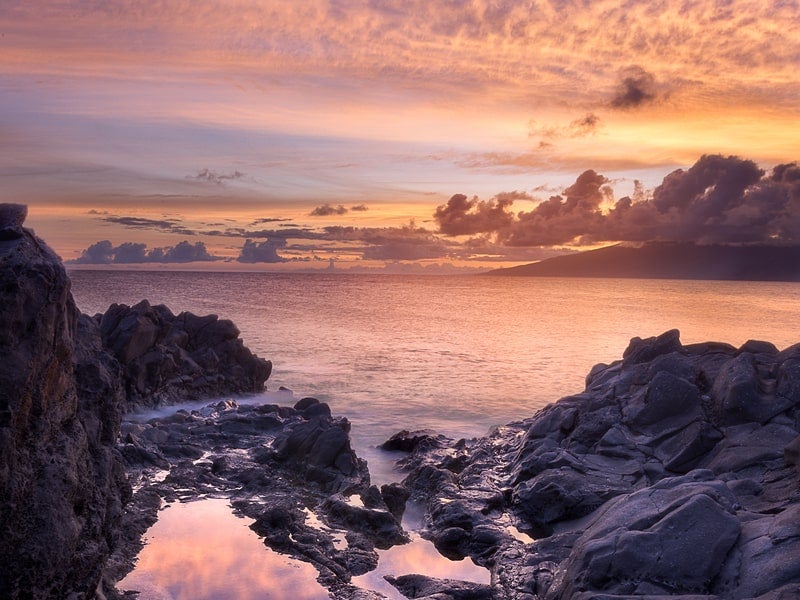 Tidepools at Hawea Point during sunset in Kapalua, Maui