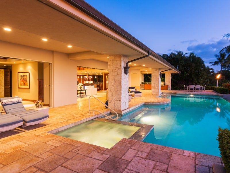 Lanai of luxury home with in-ground pool in Maui