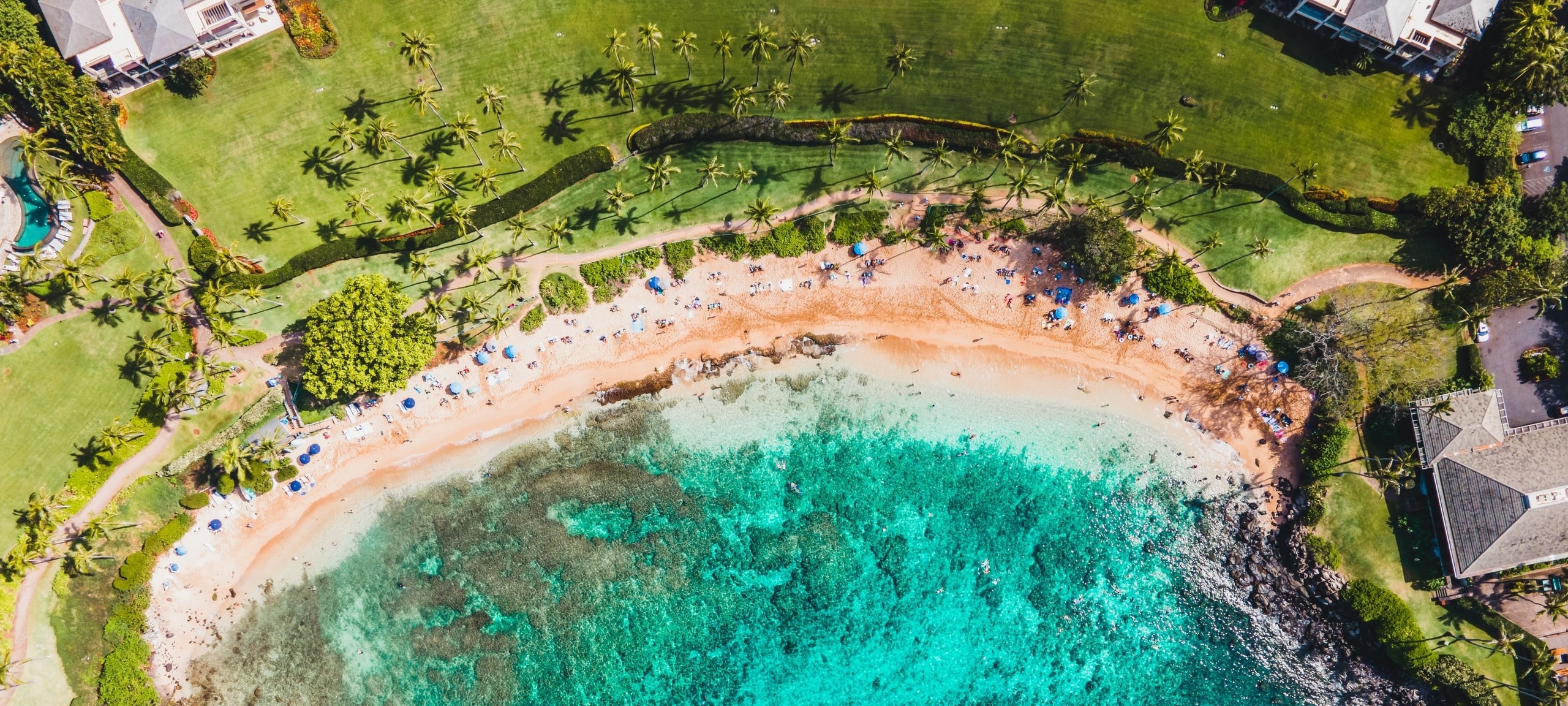 Aerial view of beachgoers at Kapalua Bay beach